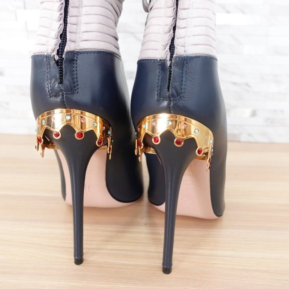 Italian Leather Boots 10 Knee High‎ Swarovski Gold Crown Quite Luxury Blue $1288 - Picture 14 of 16